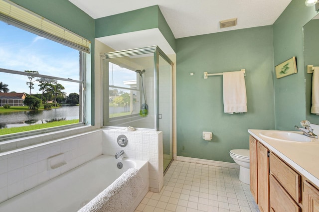 full bathroom with plus walk in shower, tile patterned flooring, a water view, vanity, and toilet