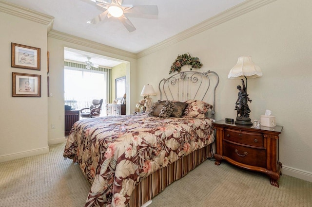 bedroom featuring ceiling fan, ornamental molding, access to exterior, and light colored carpet