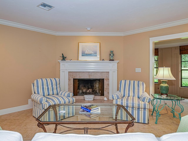 living room featuring a fireplace and ornamental molding