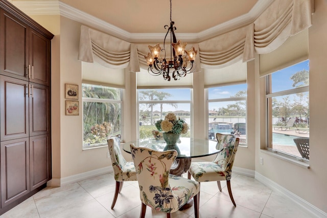 dining space featuring light tile patterned flooring, crown molding, and an inviting chandelier