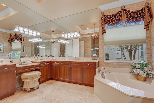 bathroom featuring a tub to relax in, a tray ceiling, vanity, and ornamental molding