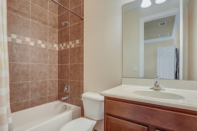 full bathroom featuring shower / bath combo, vanity, toilet, and crown molding