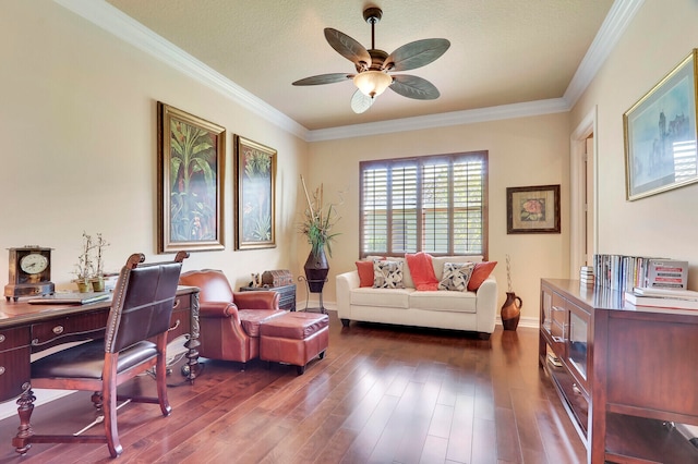 office space featuring ceiling fan, dark hardwood / wood-style flooring, and ornamental molding