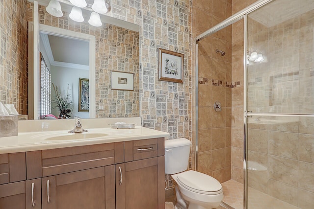 bathroom featuring walk in shower, vanity, tile walls, and toilet