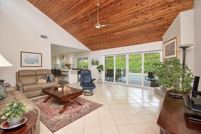 3961 NW 27th Ave, Boca Raton, FL 33434 - living room with high vaulted ceiling, a ceiling fan, wooden ceiling, and light tile patterned floors