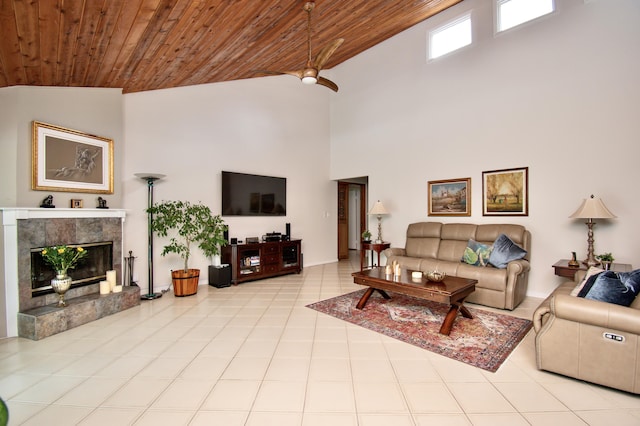 3961 NW 27th Ave, Boca Raton, FL 33434 - living room featuring wooden ceiling, high vaulted ceiling, and a fireplace