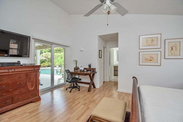 3961 NW 27th Ave, Boca Raton, FL 33434 - bedroom with access to exterior, light wood finished floors, a desk, a high ceiling, and a ceiling fan