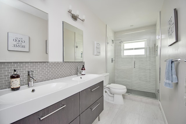 3961 NW 27th Ave, Boca Raton, FL 33434 - bathroom featuring double vanity, a shower stall, backsplash, and marble finish floors