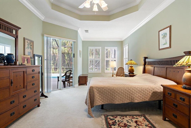 bedroom featuring multiple windows, access to exterior, a raised ceiling, and light carpet