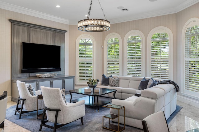 living area featuring wallpapered walls, baseboards, ornamental molding, and a healthy amount of sunlight
