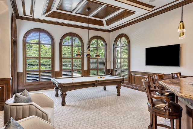 rec room with billiards, crown molding, a wainscoted wall, and coffered ceiling