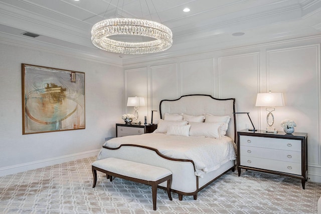 bedroom featuring visible vents, an inviting chandelier, a decorative wall, crown molding, and recessed lighting