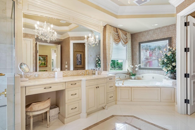 full bath featuring vanity, a chandelier, crown molding, a bath, and visible vents