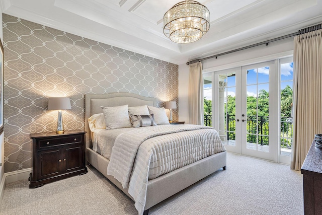 bedroom featuring access to outside, a notable chandelier, light carpet, and wallpapered walls