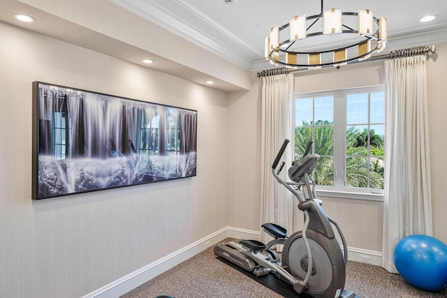 workout area with recessed lighting, baseboards, and ornamental molding