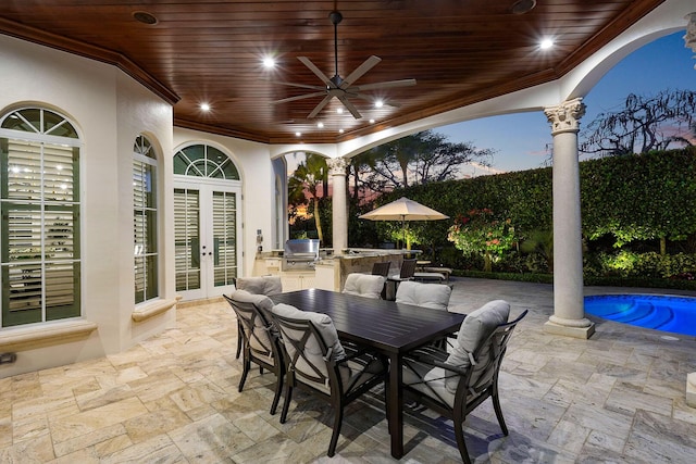 view of patio / terrace with ceiling fan, area for grilling, outdoor dining space, an outdoor pool, and french doors