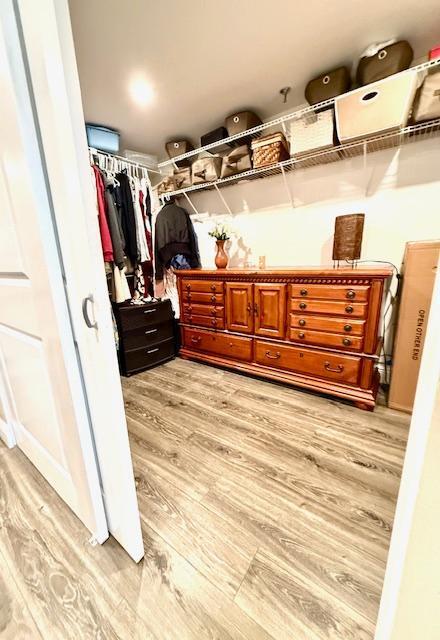 walk in closet with light hardwood / wood-style flooring