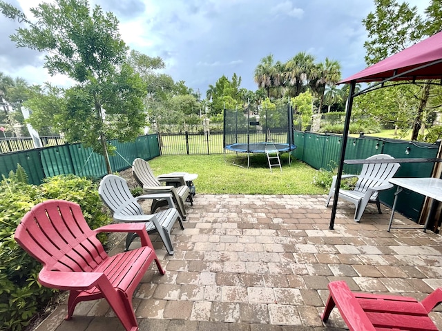 view of patio / terrace with a trampoline and a fenced backyard