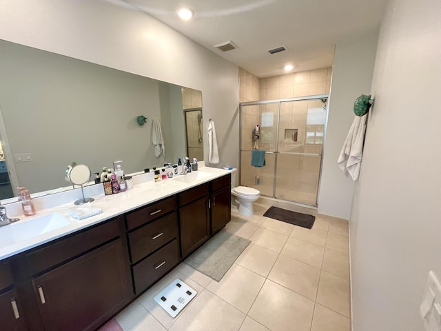 bathroom with visible vents, a shower stall, toilet, and tile patterned floors