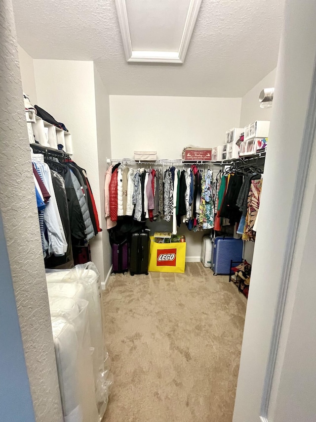 spacious closet with carpet floors and attic access