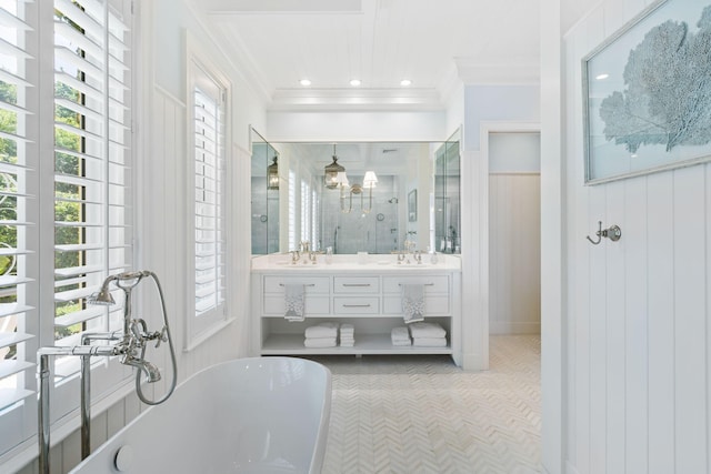 bathroom with separate shower and tub, vanity, ornamental molding, and plenty of natural light