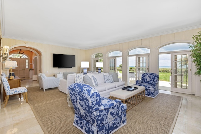 living room with crown molding