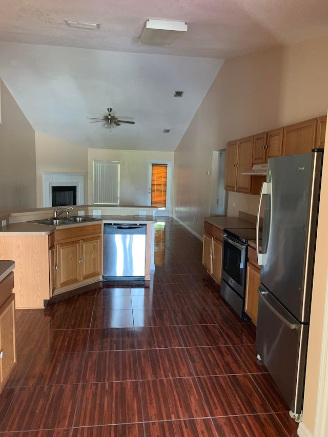 kitchen featuring sink, ceiling fan, dark tile flooring, stainless steel appliances, and lofted ceiling