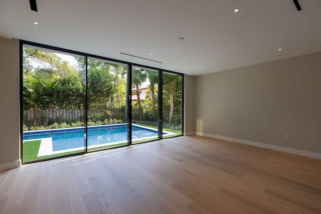 spare room with a healthy amount of sunlight, expansive windows, and light hardwood / wood-style flooring