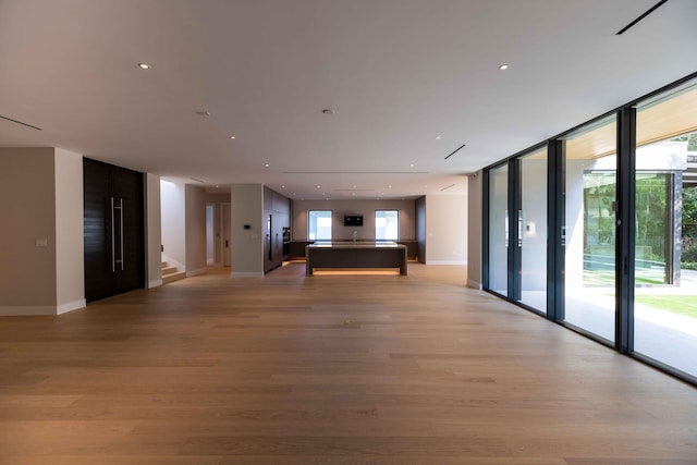 unfurnished living room with expansive windows, a wealth of natural light, and light hardwood / wood-style flooring