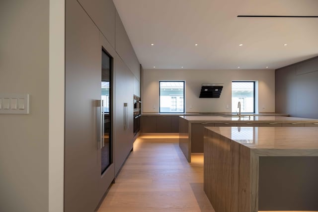 kitchen featuring gray cabinetry, a healthy amount of sunlight, a kitchen island, and light wood-type flooring