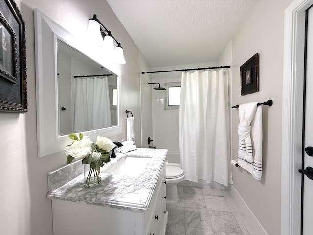 full bath featuring shower / bathtub combination with curtain, toilet, marble finish floor, a textured ceiling, and vanity