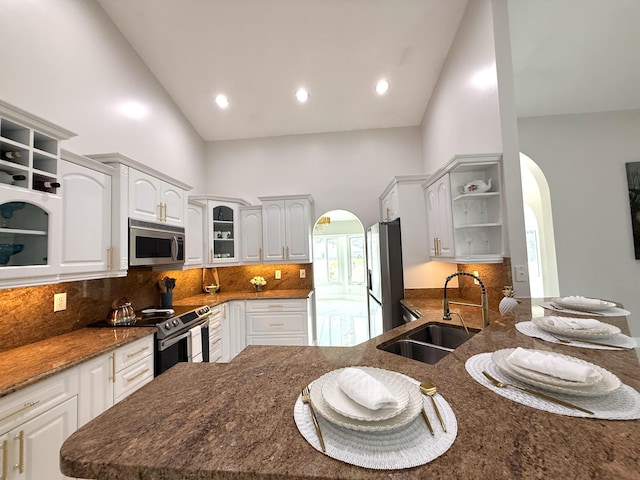 kitchen with open shelves, appliances with stainless steel finishes, arched walkways, high vaulted ceiling, and a sink