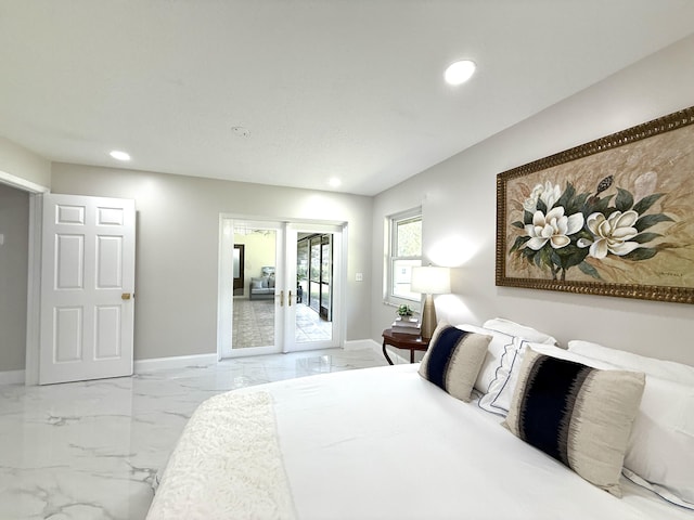 bedroom featuring recessed lighting, marble finish floor, baseboards, and access to outside