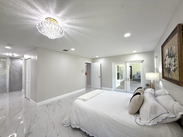 bedroom featuring visible vents, baseboards, a textured ceiling, and marble finish floor