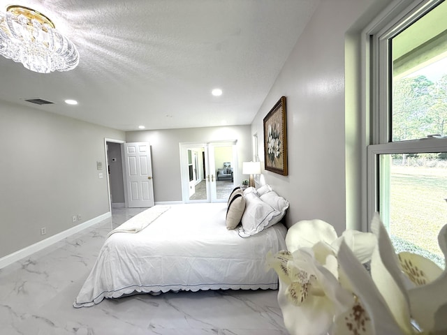 bedroom featuring baseboards, visible vents, recessed lighting, a textured ceiling, and marble finish floor