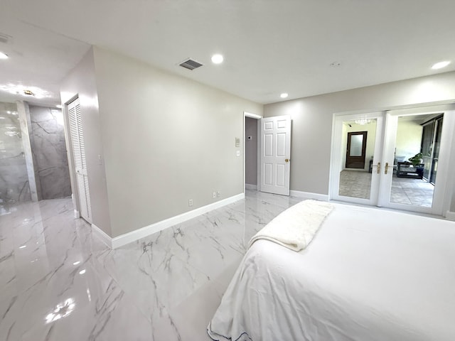 bedroom featuring visible vents, marble finish floor, recessed lighting, french doors, and baseboards