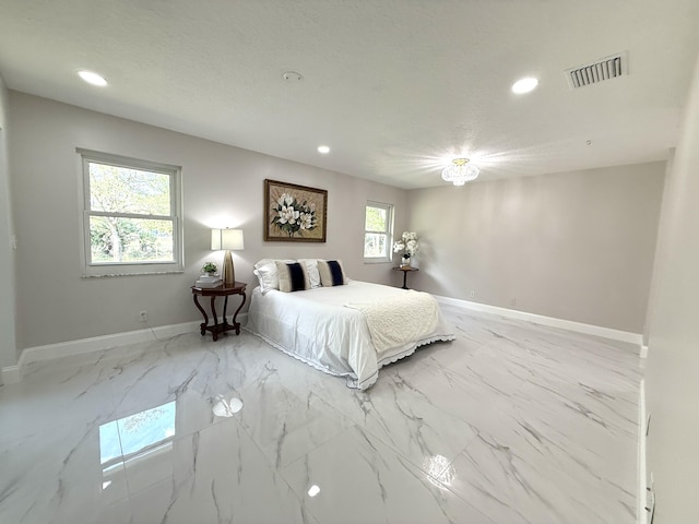 unfurnished bedroom featuring recessed lighting, baseboards, visible vents, and marble finish floor