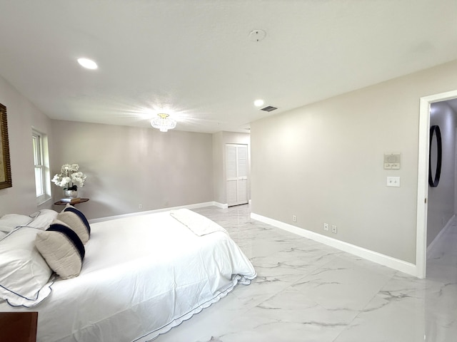 bedroom with visible vents, recessed lighting, baseboards, and marble finish floor