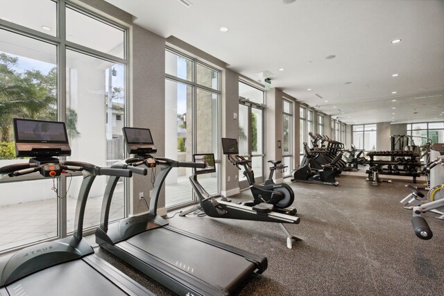 workout area with plenty of natural light and a wall of windows