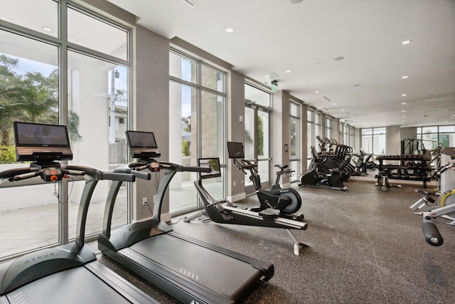 workout area featuring plenty of natural light and expansive windows