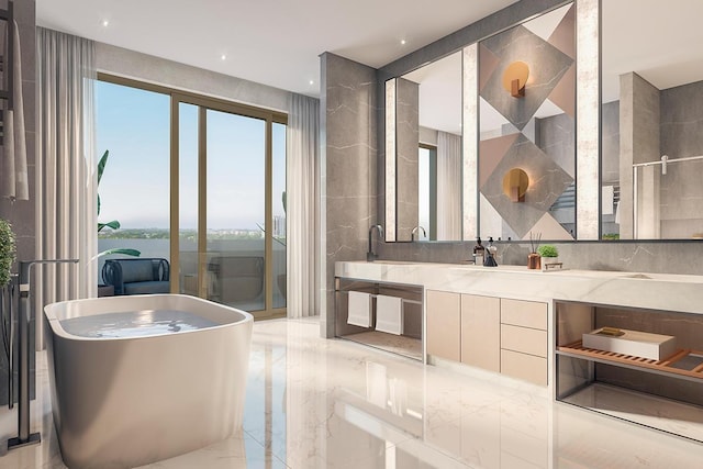 bathroom featuring tile walls, tile flooring, a bathing tub, and vanity