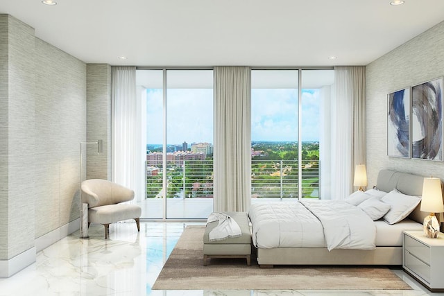 tiled bedroom with floor to ceiling windows, access to outside, and multiple windows