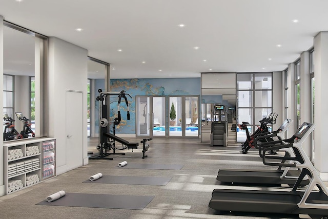 gym featuring light carpet and expansive windows