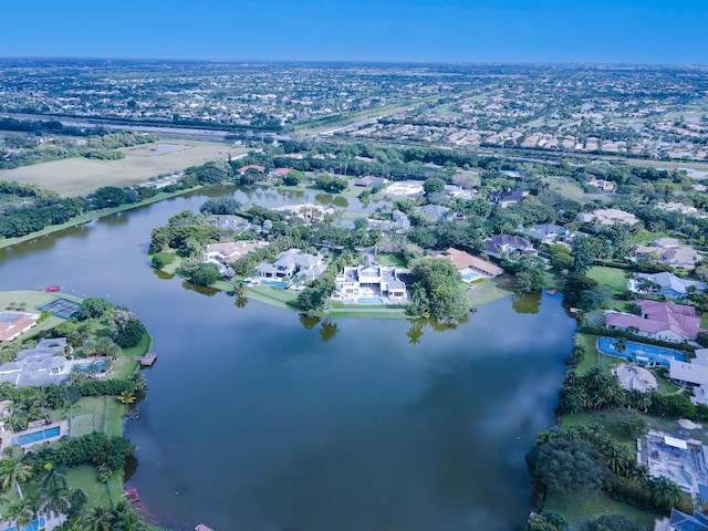 bird's eye view with a water view