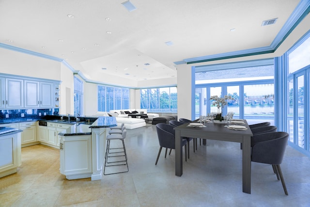 kitchen featuring sink, tasteful backsplash, a tray ceiling, dark stone counters, and a kitchen bar