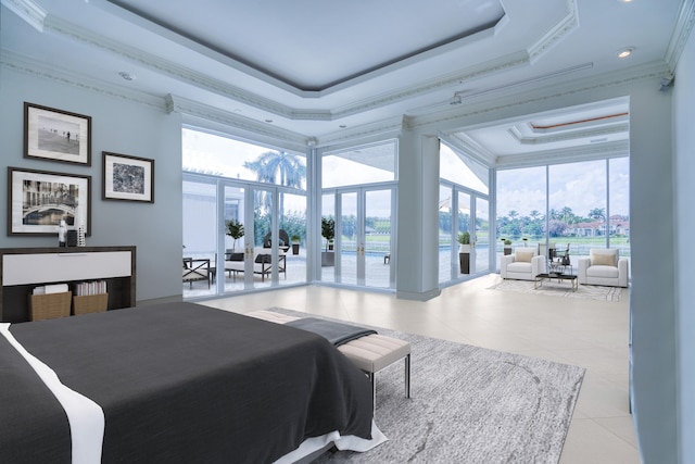 bedroom featuring a raised ceiling, crown molding, access to outside, and light tile patterned floors