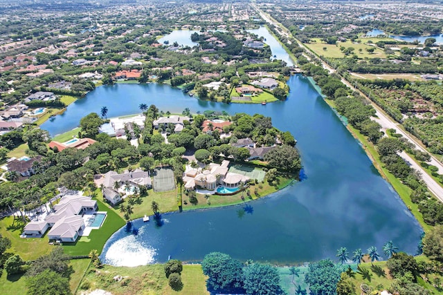 drone / aerial view featuring a water view