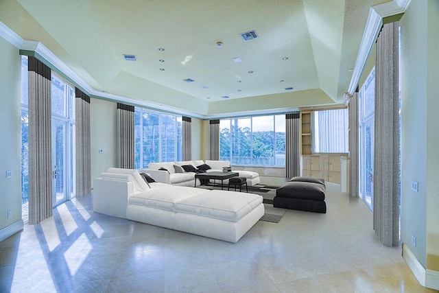 living room featuring a tray ceiling