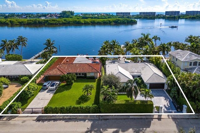 drone / aerial view with a water view