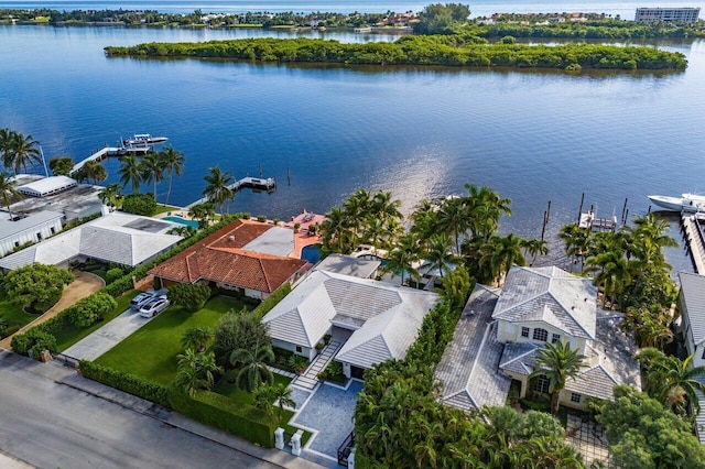 drone / aerial view featuring a water view